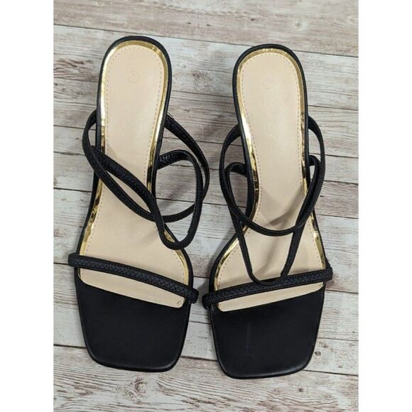 Womens Size US 7 Black Cream Open Toe Slip On Stiletto Strappy Heels - Picture 2 of 10